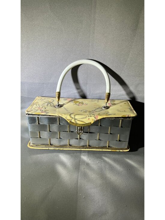 Handbags - Vintage Woven Metal Basket Purse With Map Print Handle Detail